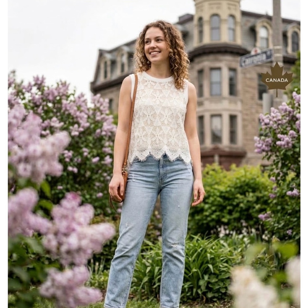 Anthropologie Deletta Sleeveless Lace Crochet Tank Top - Cream